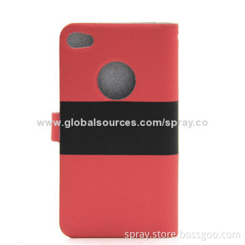 Classic Red and Black Stripe Flip Design Leather Magnetic Case Covers for iPhone 4/4S, No Stitching